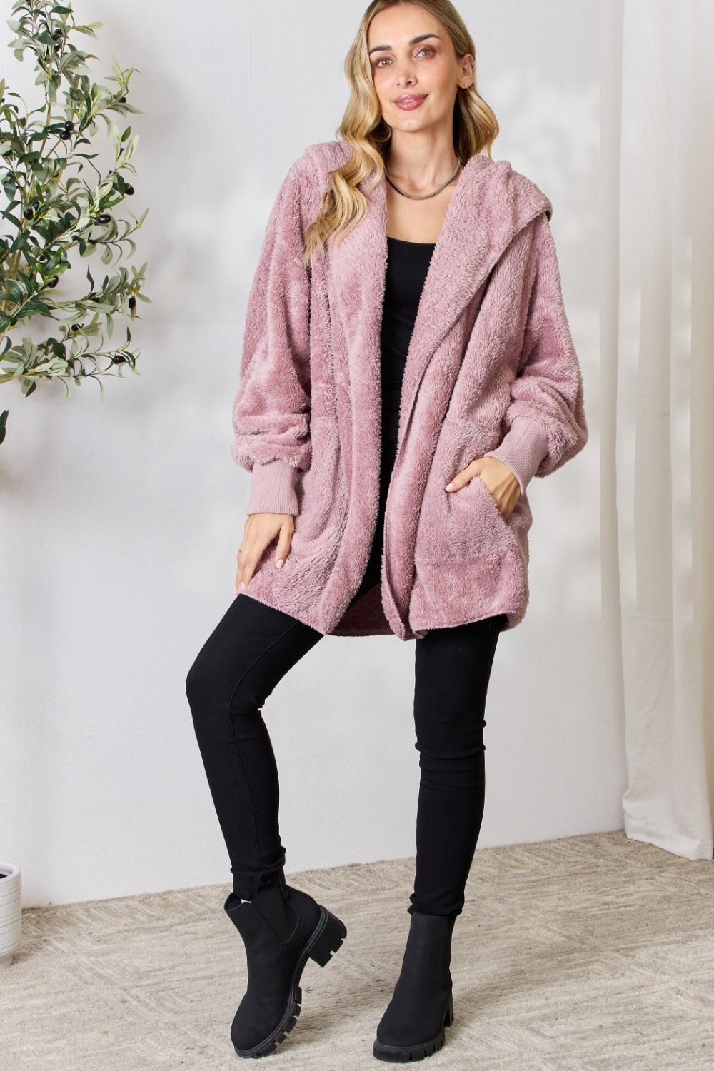 Faux Fur Open Front Hooded Jacket- One Size(2 Colors)