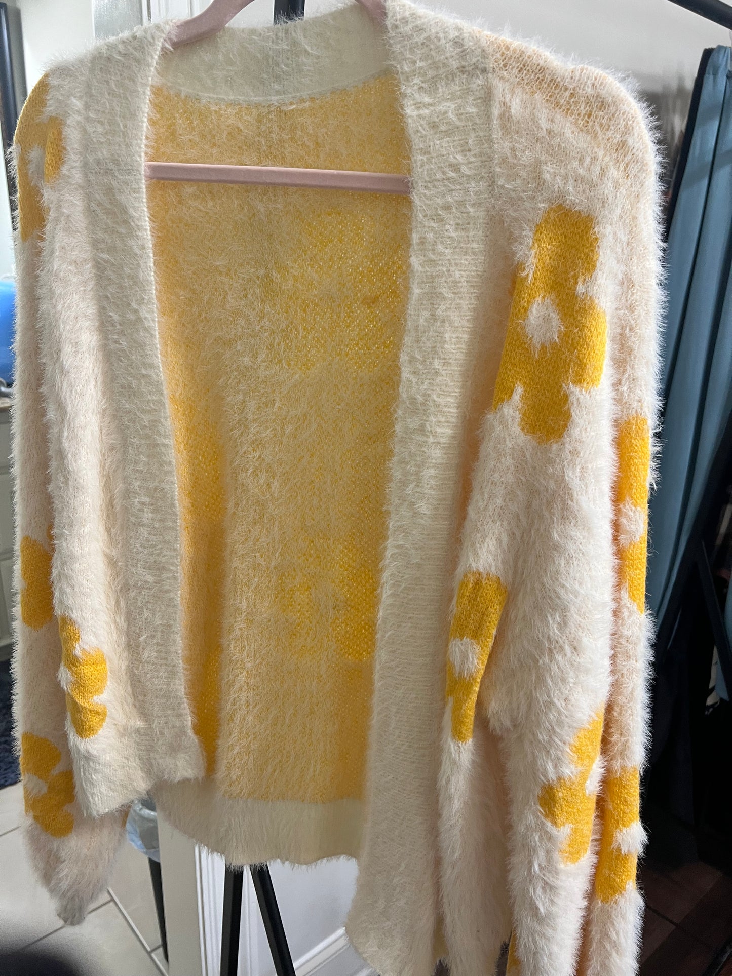 White and yellow fuzzy cardigan