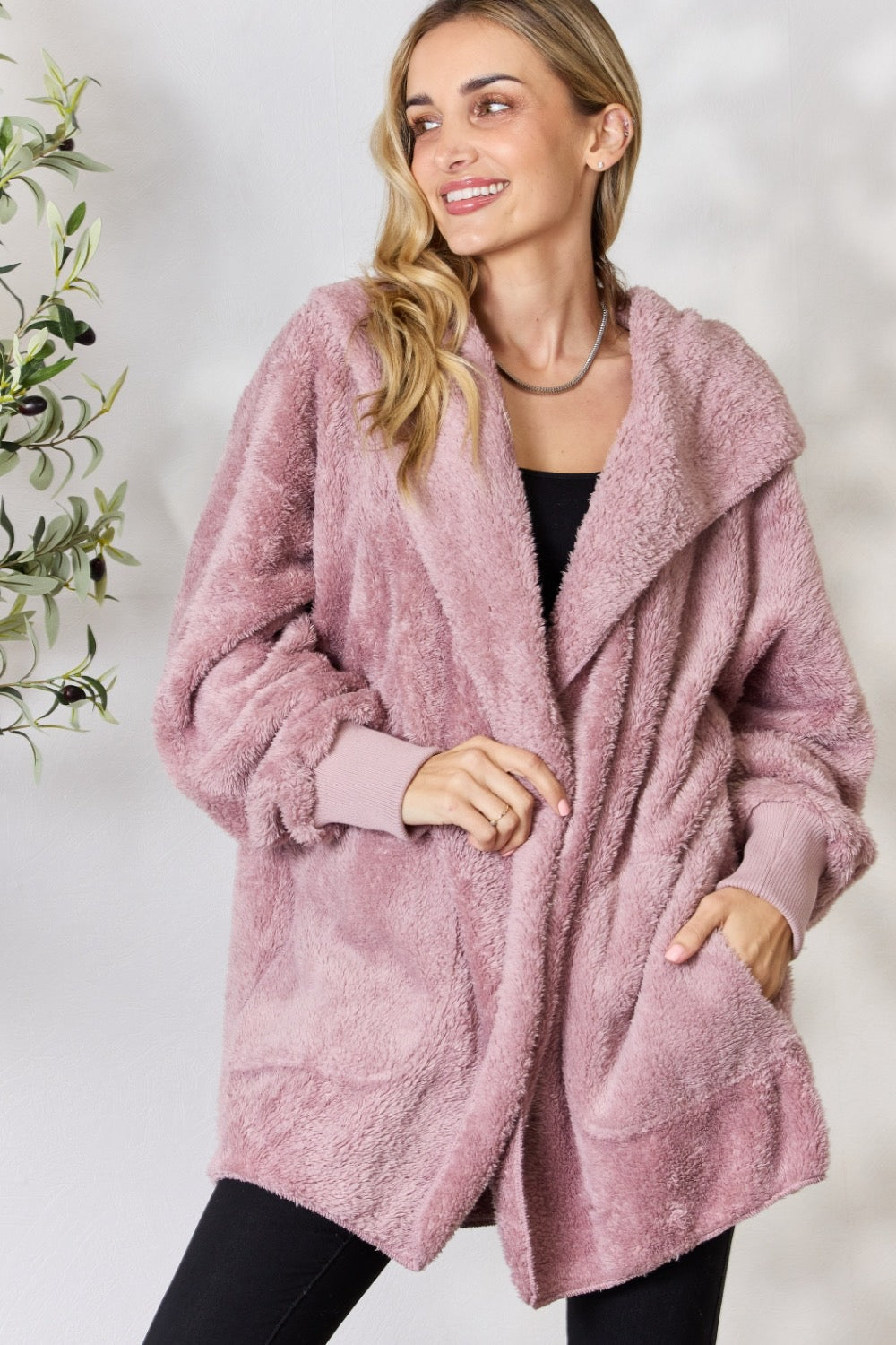 Faux Fur Open Front Hooded Jacket- One Size(2 Colors)