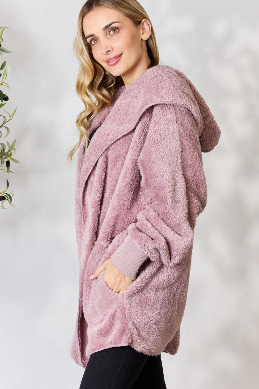 Faux Fur Open Front Hooded Jacket- One Size(2 Colors)