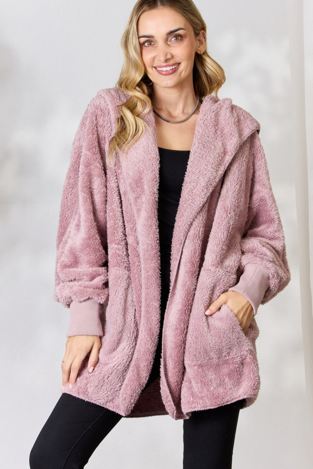 Faux Fur Open Front Hooded Jacket- One Size(2 Colors)