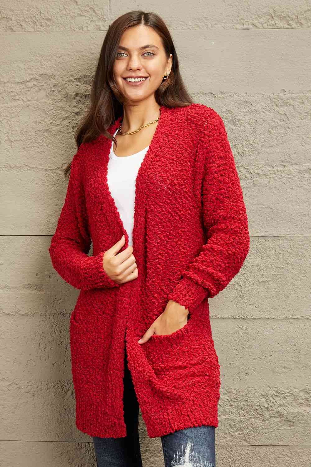 Falling For You Open Front Popcorn Cardigan