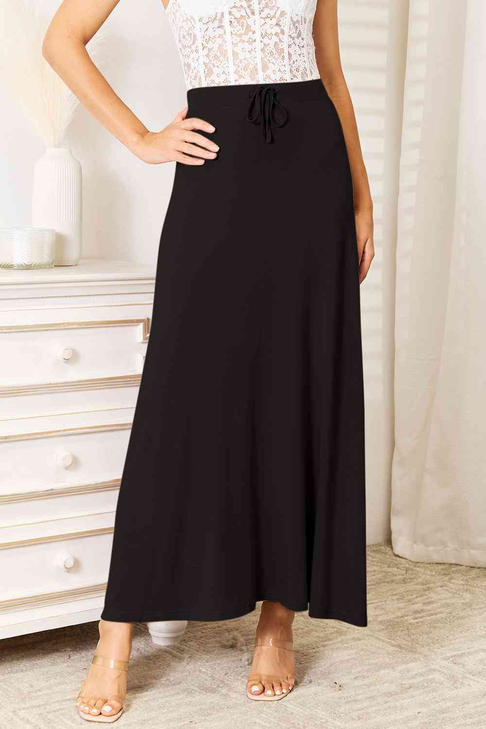 Soft Rayon Drawstring Waist Maxi Skirt